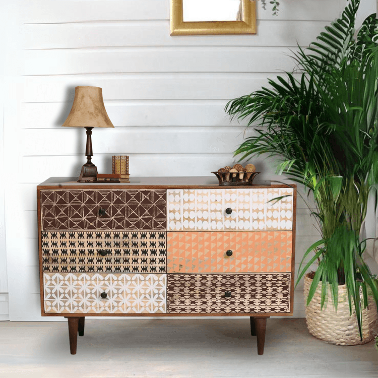 Emaada Solid Wood Chest Of 6 Drawers In Teak Finish