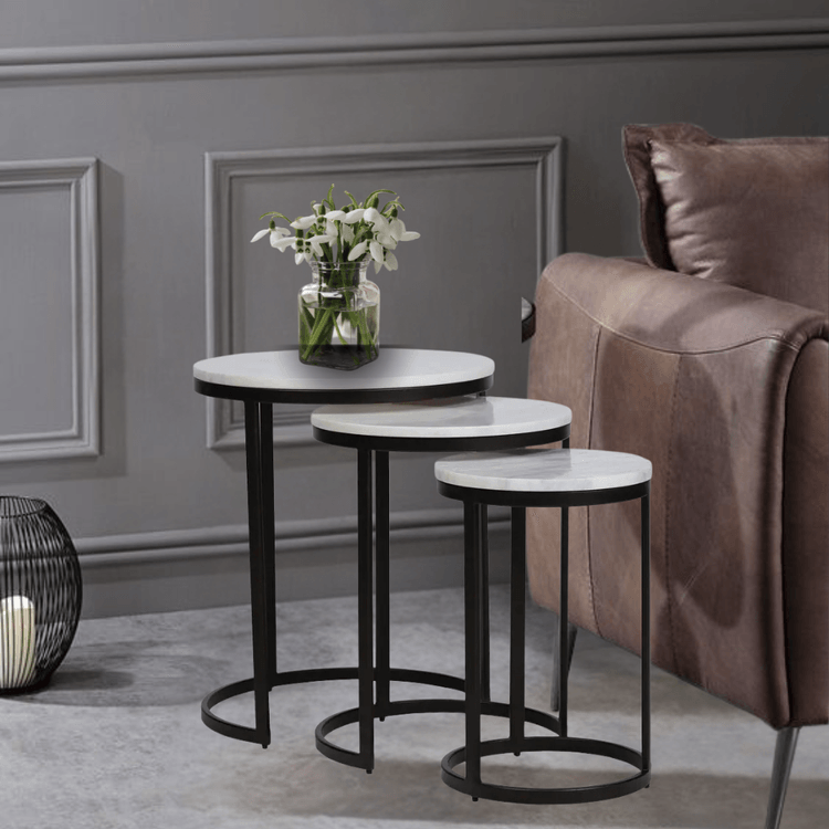 EthnoGlow Sagra Nesting Marble Side Table Set of 3 in Black Finish